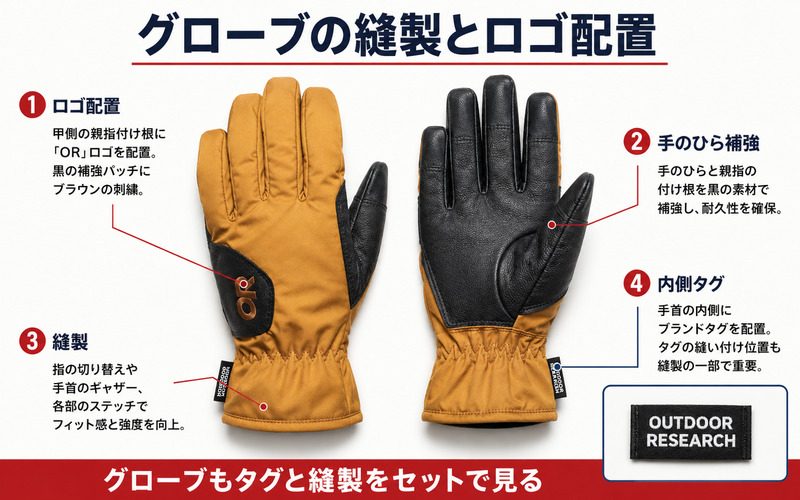 グローブの縫製とロゴ配置